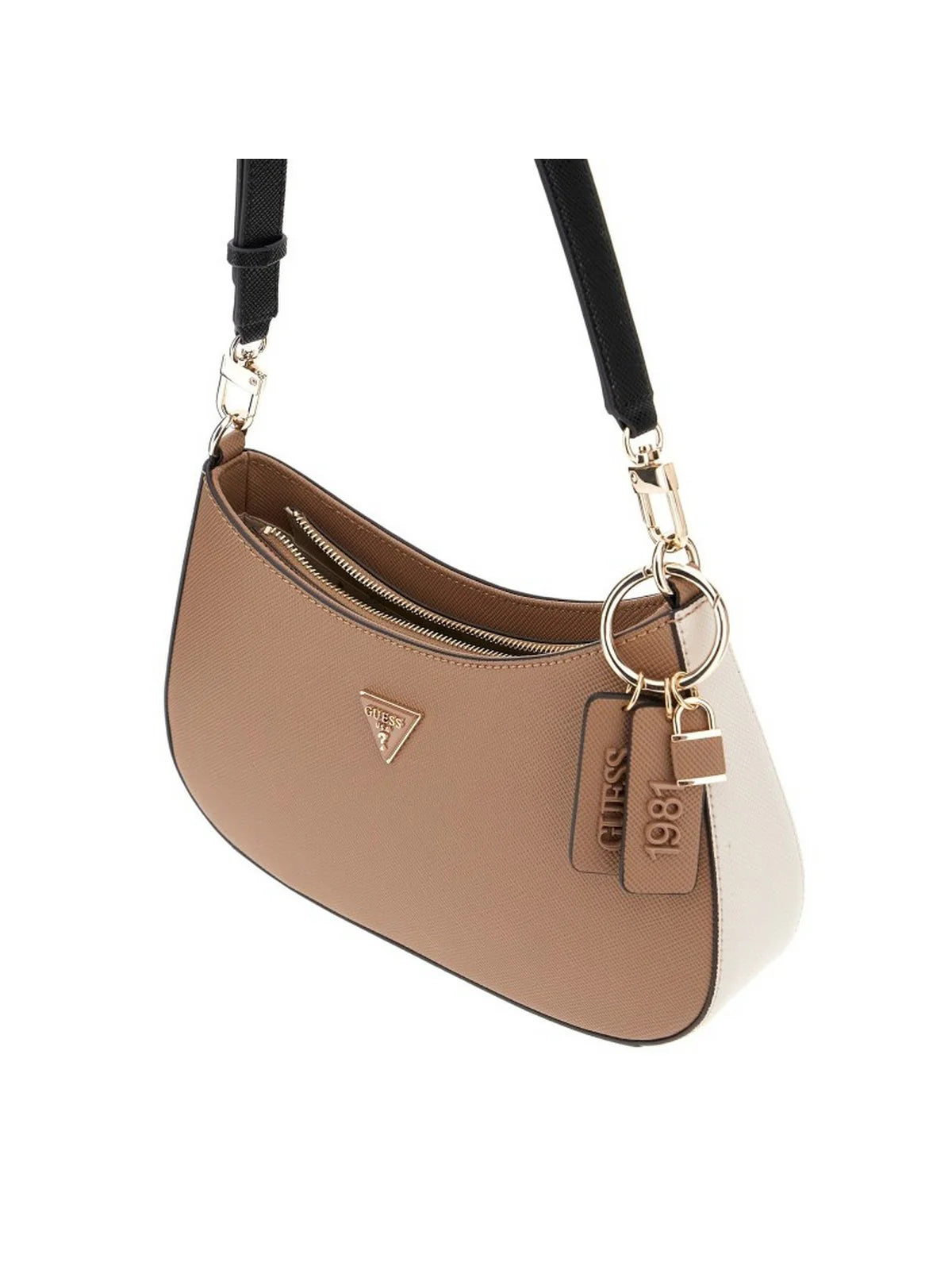 Guess Noelle II Saffiano Schultertasche Braun/Weiß